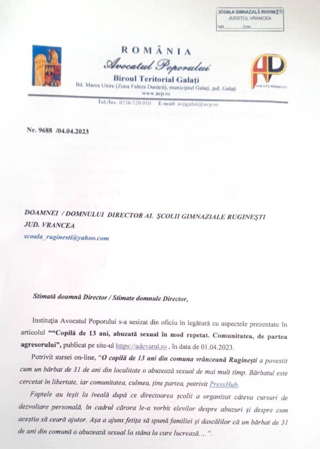Adresa Avocatului Poporului cu privire la cazul fetei de 13 ani din Ruginești, Vrancea