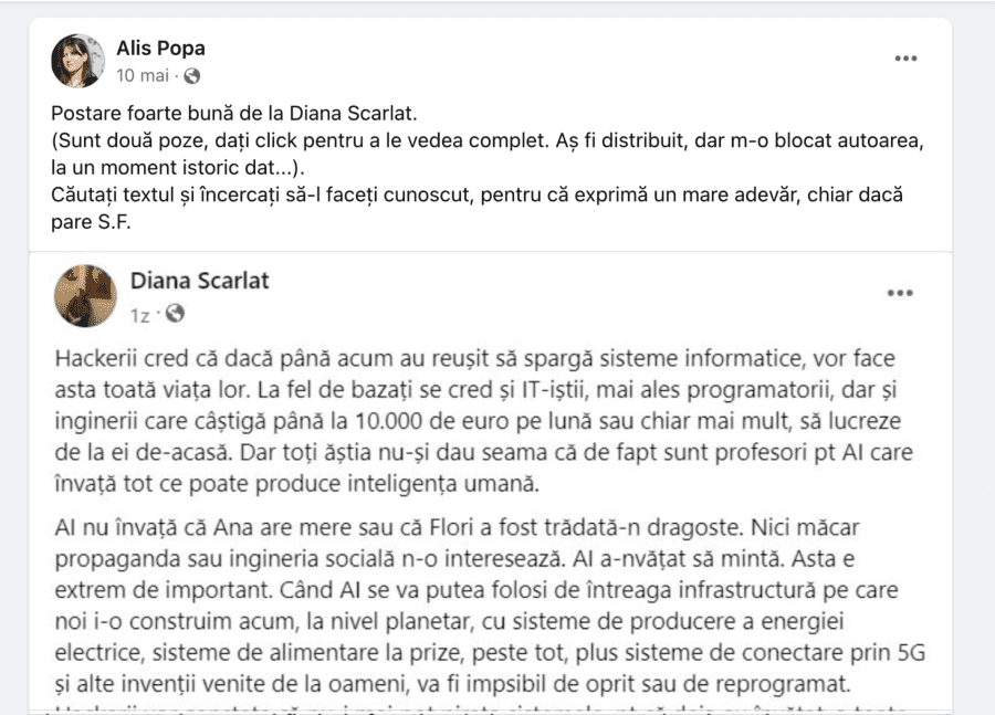 Poți fi profesor și să distribui conspirații? Alis Popa o distribuie pe Diana Scarlat