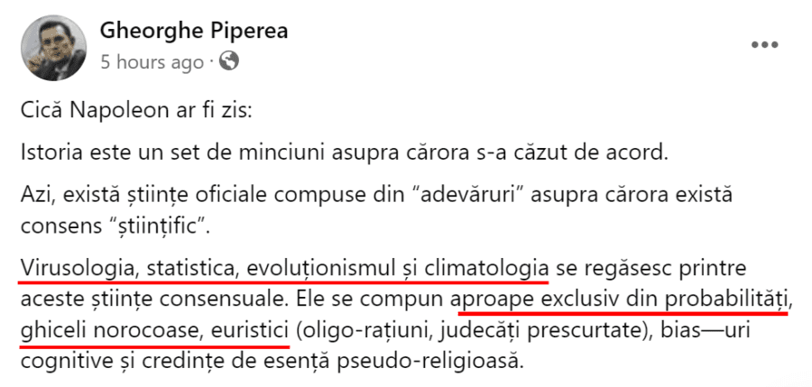 Poți fi profesor și să distribui conspirații? Profesorul Piperea neagă științe recunoscute la nivel mondial