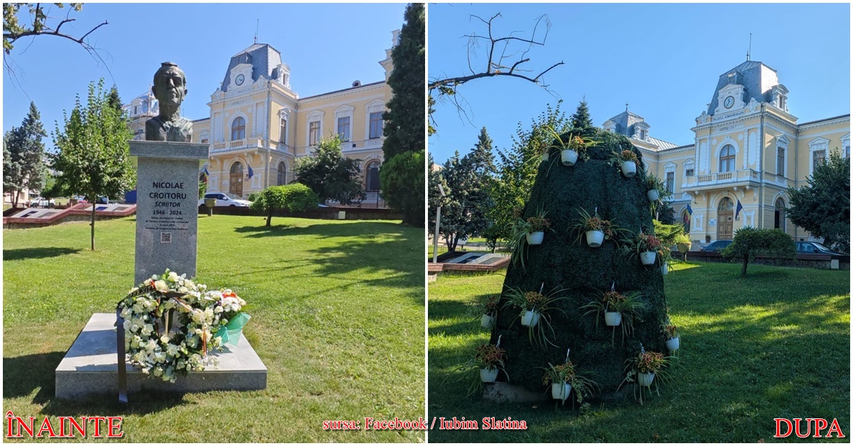 Slatina: Bustul scriitorului Nicolae Croitoru, acoperit de autorităţi cu vegetație; Nimeni nu ştie motivul sursa foto: Facebook / Iubim Slatina